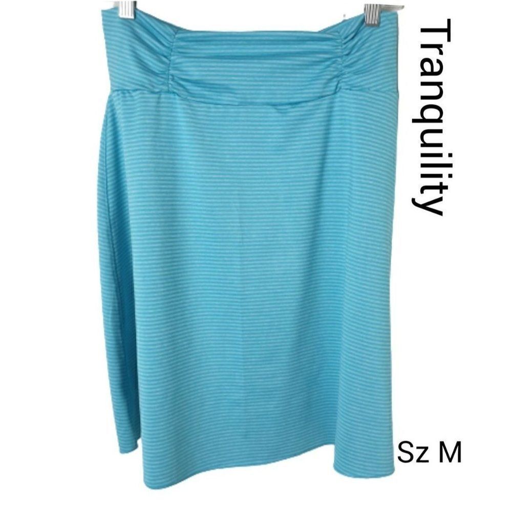 Women's Skirt M Stretch Skater Pull on Knee Length Teal Stripped Skirt M NWOT